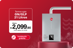Oferta de terma a gas Rheem 21L GN/GLP con instalación gratuita